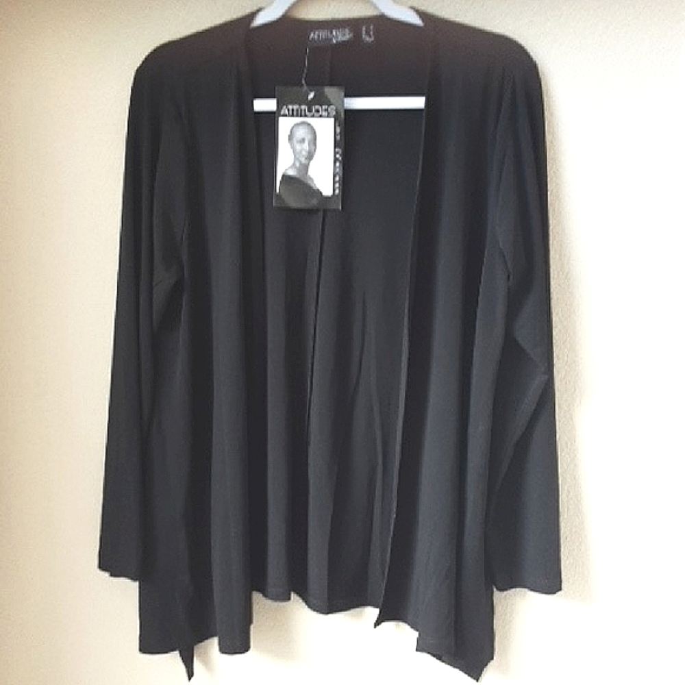 NWT Size M, Attitudes by Renee Black Cardigan Sweater Open Front Two Side Pocket